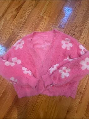 Pink Floral Fuzzy V-Neck Cardigan Sweater